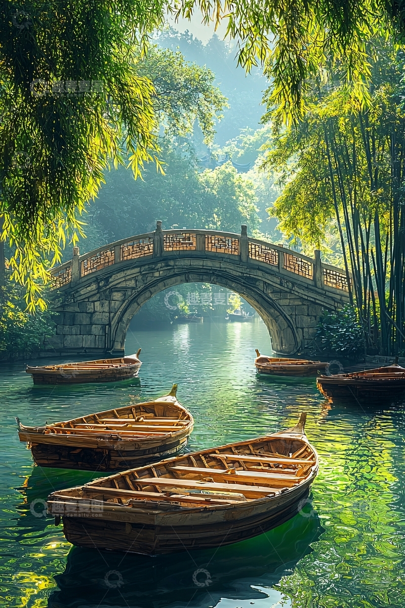 高清大图下载【趣麦麦图】竹林小桥流水人家