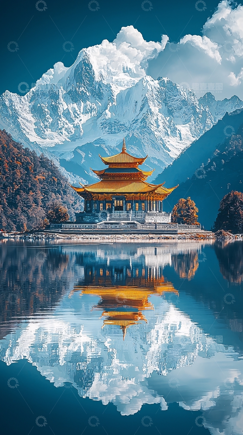 高清大图下载【趣麦麦图】雪山寺庙倒影