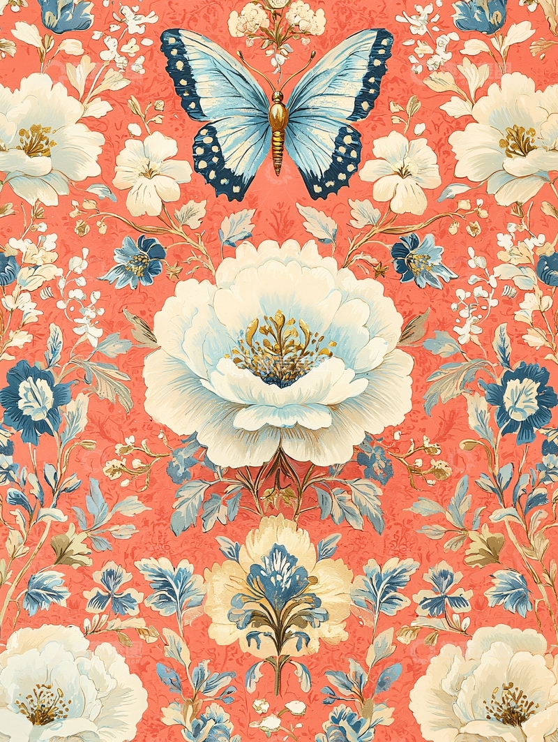 高清大图下载【趣麦麦图】花卉蝴蝶复古图案