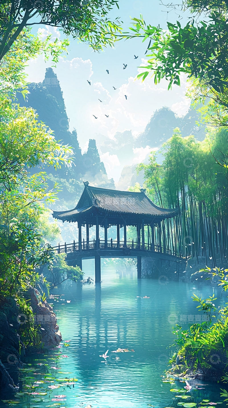 高清大图下载【趣麦麦图】水上亭台
