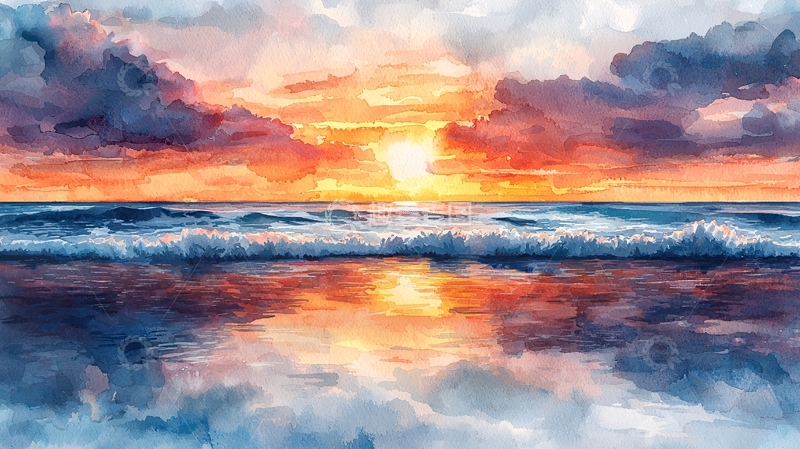 高清大图下载【趣麦麦图】水彩夕阳海景