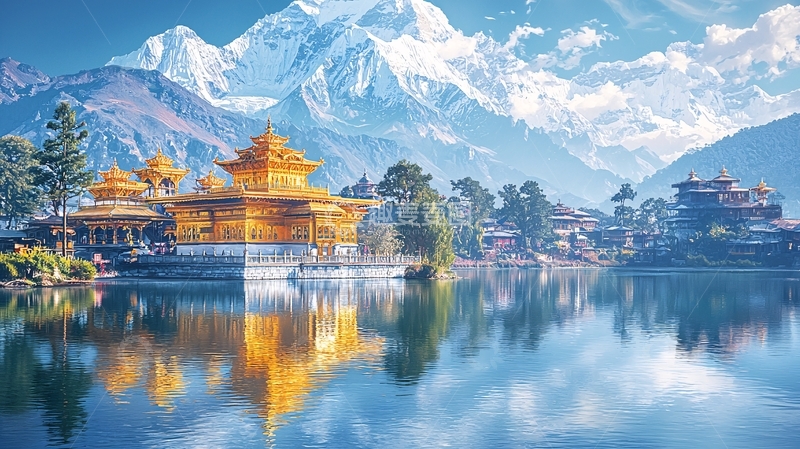 高清大图下载【趣麦麦图】金色寺庙雪山湖泊倒影