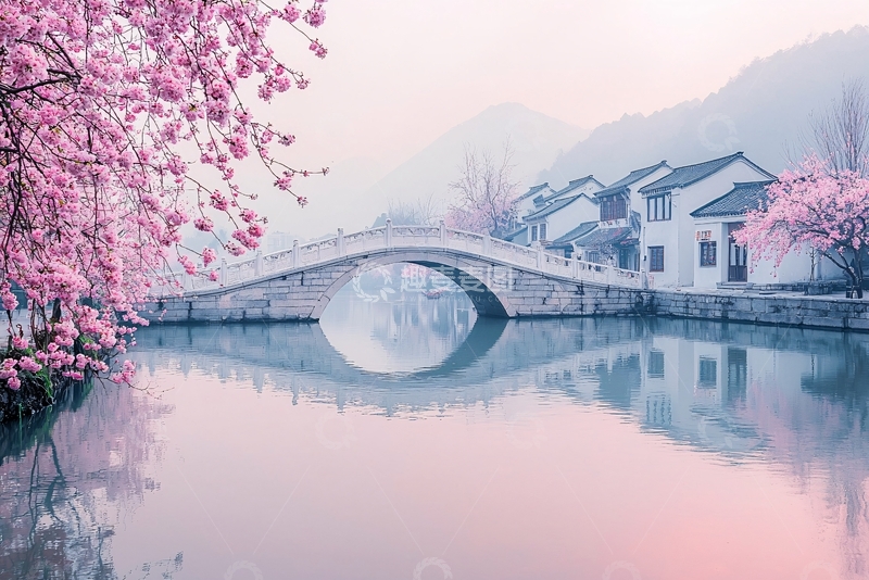 高清大图下载【趣麦麦图】粉红色的樱花与古桥倒影