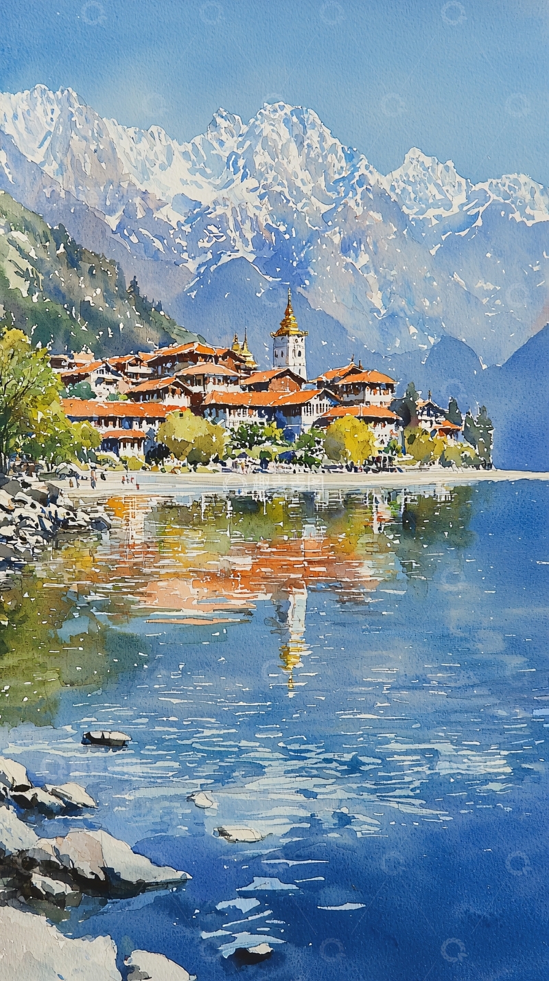 高清大图下载【趣麦麦图】湖边小镇雪山倒影