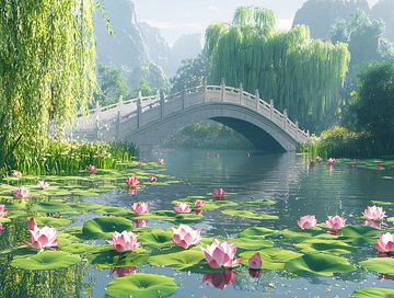 古桥流水荷花图