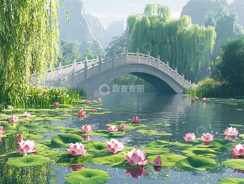 高清大图下载【趣麦麦图】古桥流水荷花图