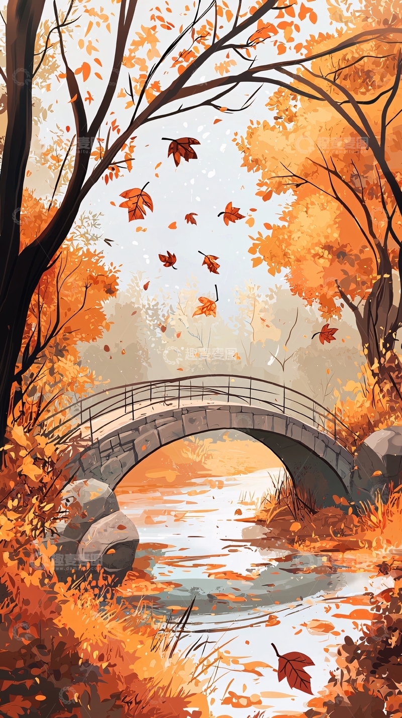 高清大图下载【趣麦麦图】秋日小桥流水落叶