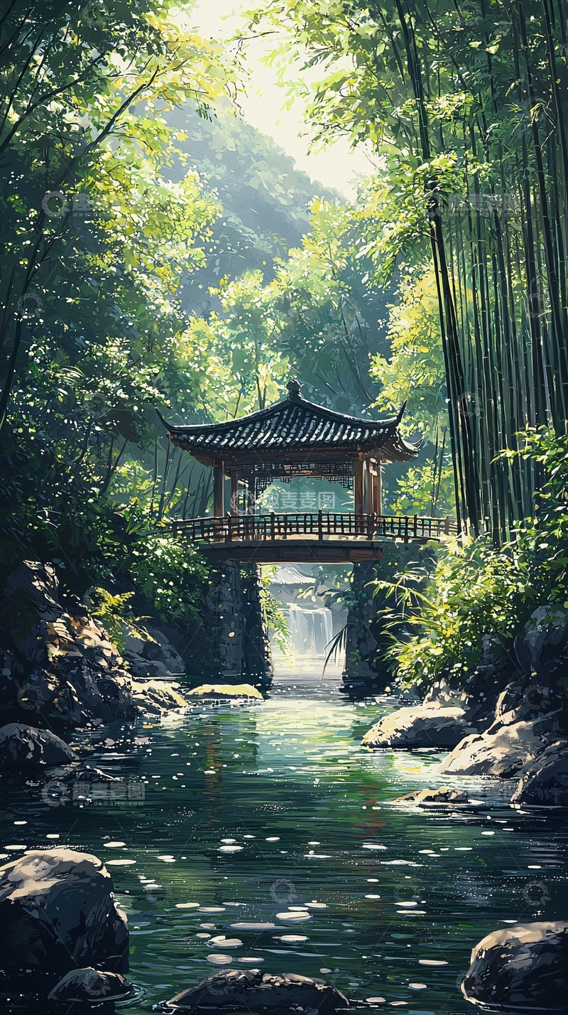 高清大图下载【趣麦麦图】中国风凉亭水墨画
