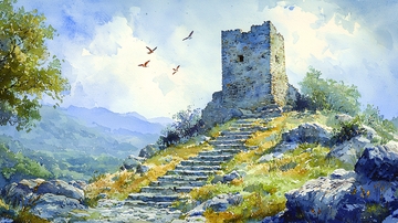 山顶古堡风景画
