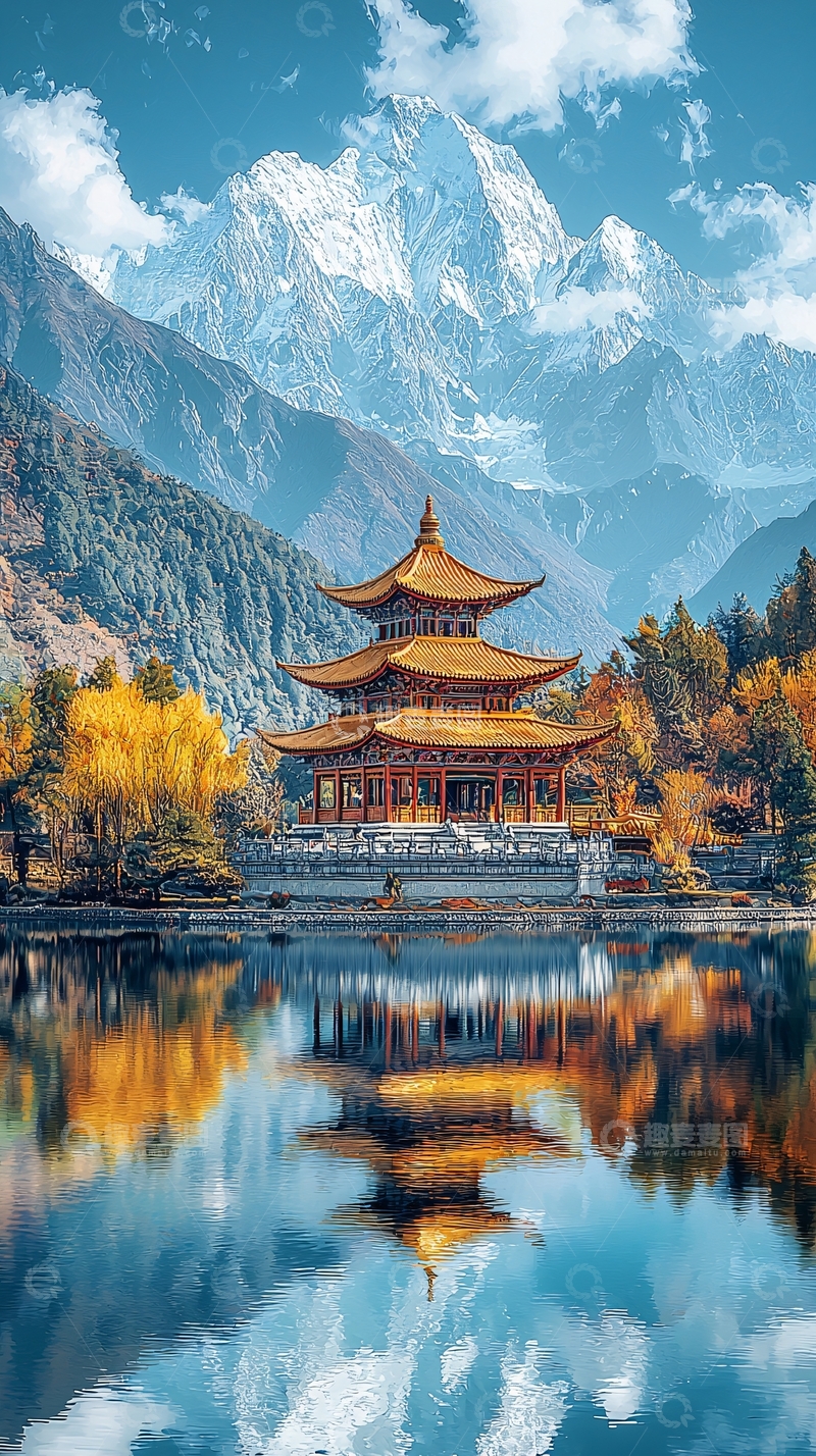 高清大图下载【趣麦麦图】中国古建筑与雪山倒影