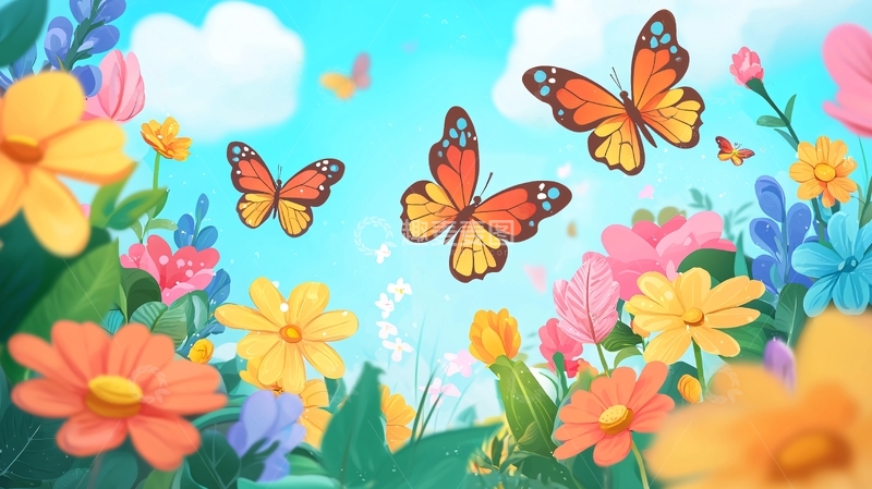 高清大图下载【趣麦麦图】卡通蝴蝶花田