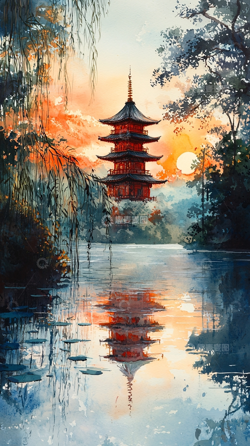 高清大图下载【趣麦麦图】夕阳下五层宝塔倒影
