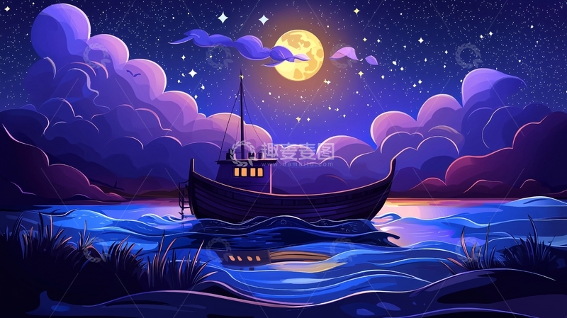 高清大图下载【趣麦麦图】夜晚星空渔船
