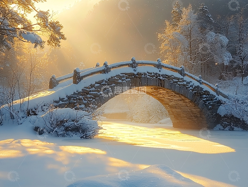 高清大图下载【趣麦麦图】雪中石桥唯美意境