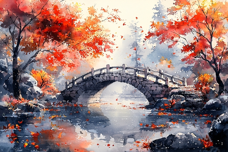 高清大图下载【趣麦麦图】秋色桥梁水面倒影景色如画