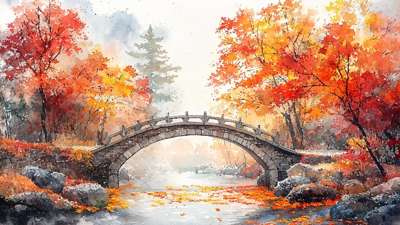 高清大图下载【趣麦麦图】秋日水彩桥