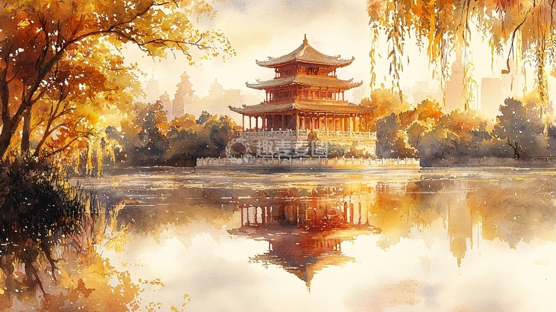 高清大图下载【趣麦麦图】秋日古塔湖光倒影