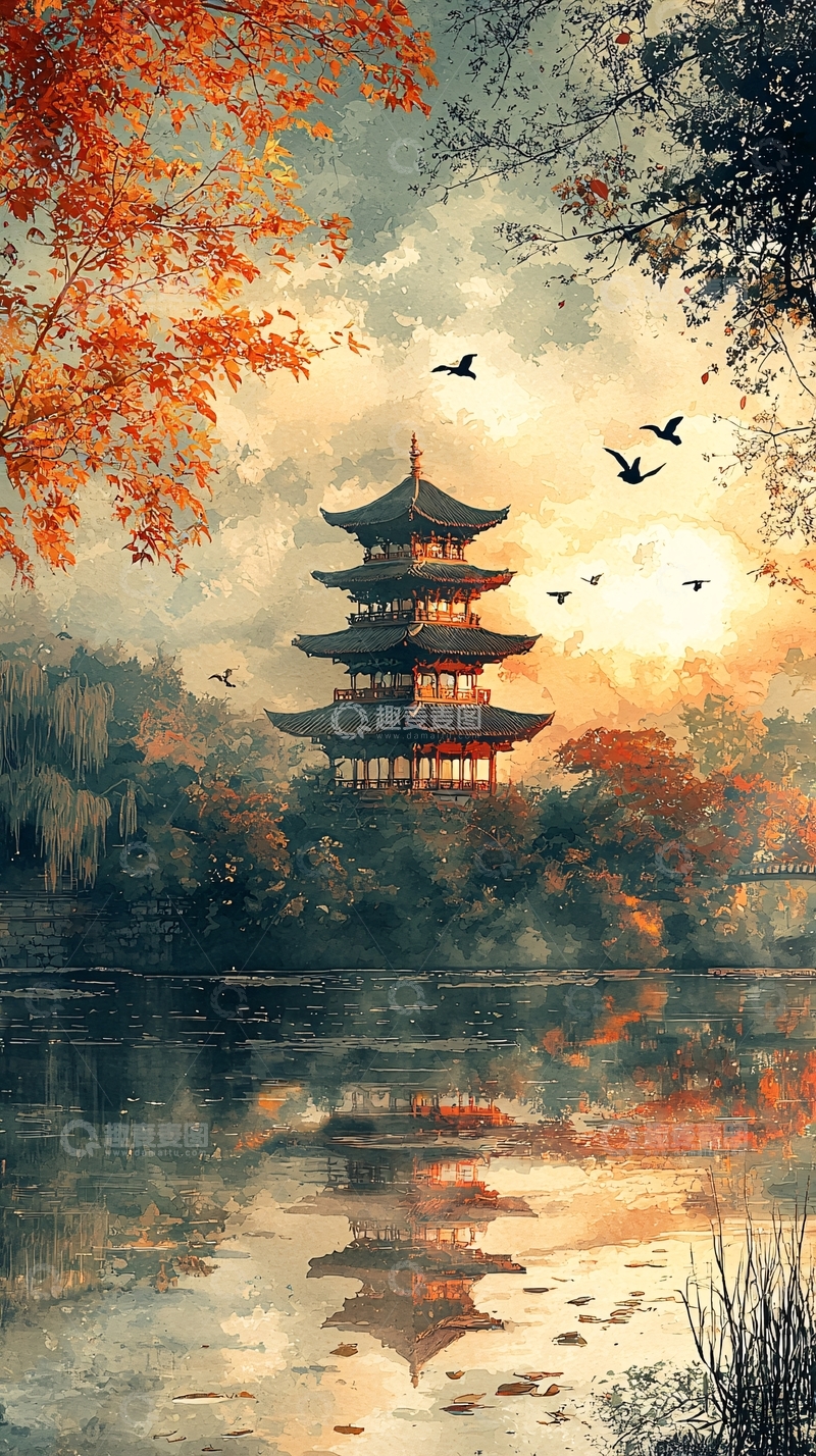 高清大图下载【趣麦麦图】水面倒影下的中国宝塔