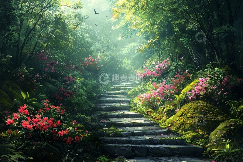 高清大图下载【趣麦麦图】林间石阶小路