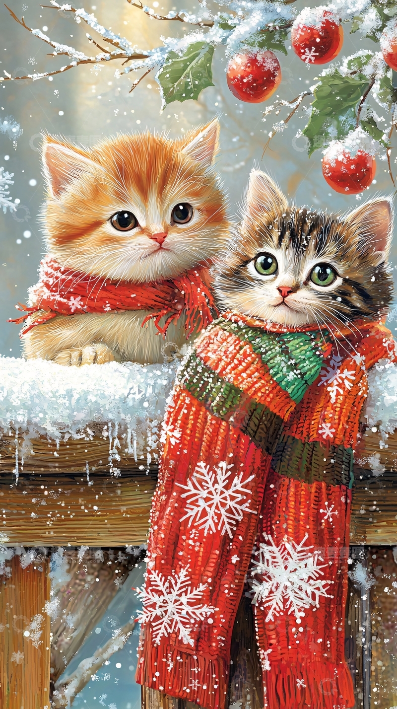 高清大图下载【趣麦麦图】戴围巾的小猫圣诞节