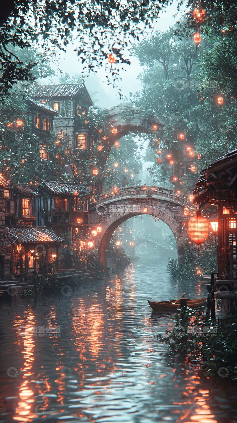 高清大图下载【趣麦麦图】水乡夜景灯笼桥