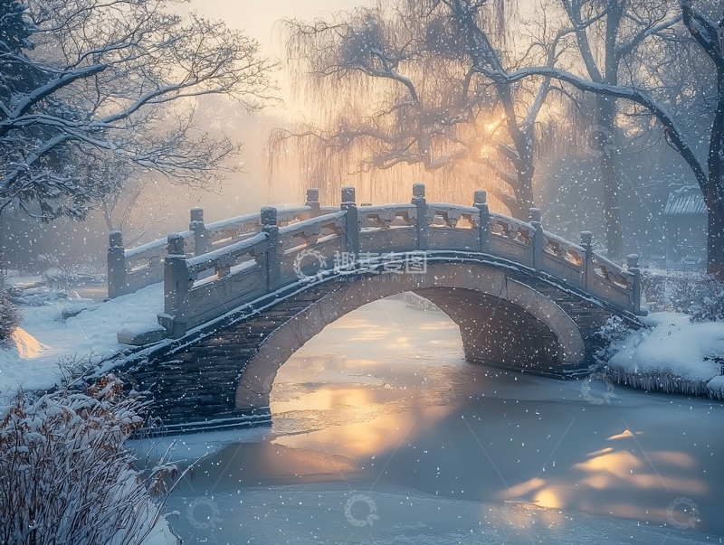 高清大图下载【趣麦麦图】雪中石桥