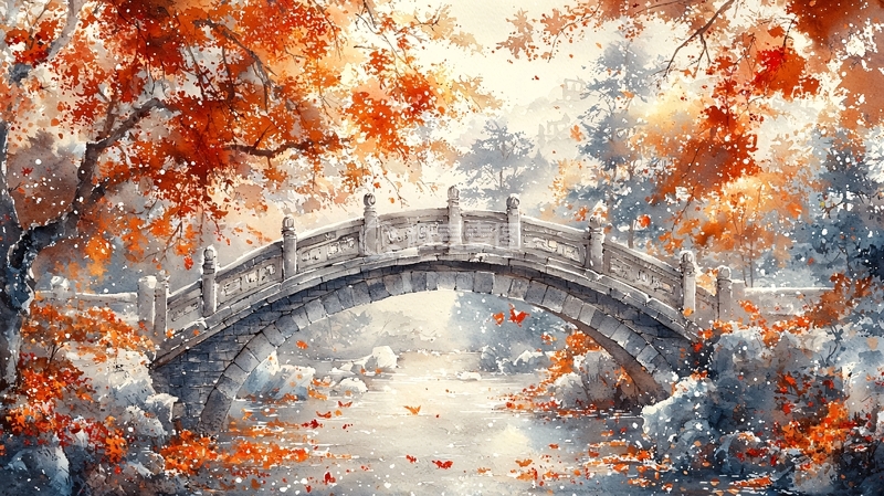 高清大图下载【趣麦麦图】秋日红叶小桥流水如画