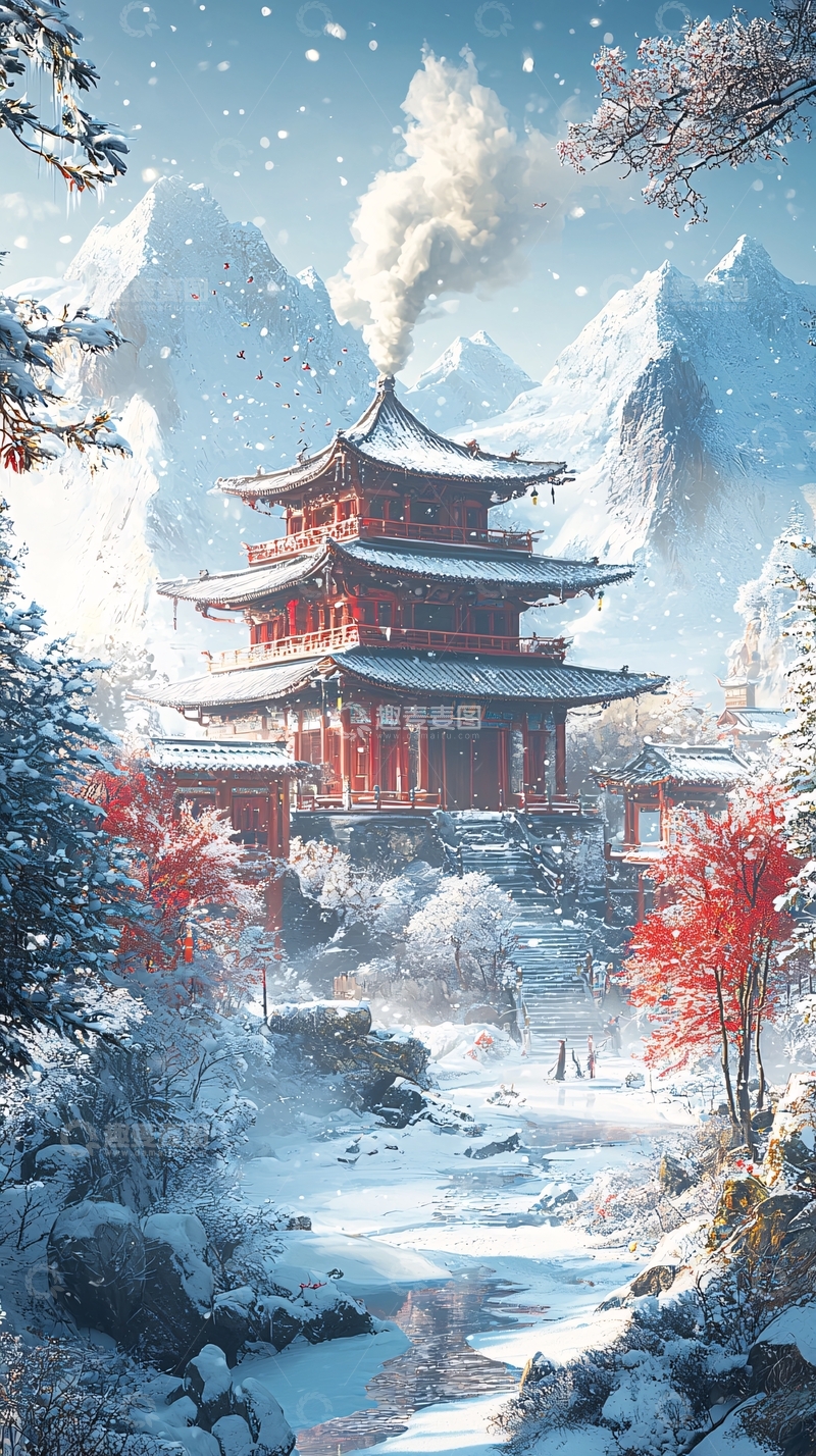 高清大图下载【趣麦麦图】雪山上的红色中国风建筑