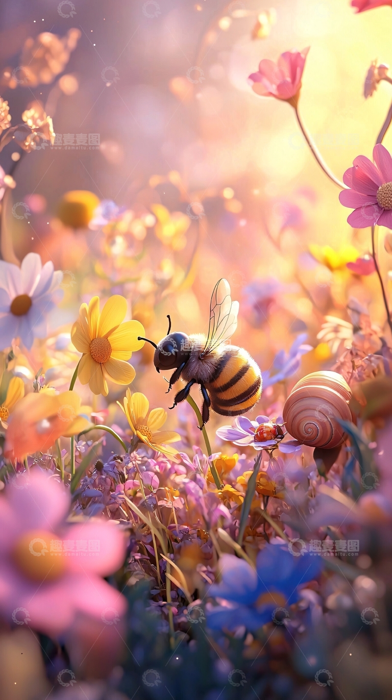 高清大图下载【趣麦麦图】蜜蜂采蜜花海高清图