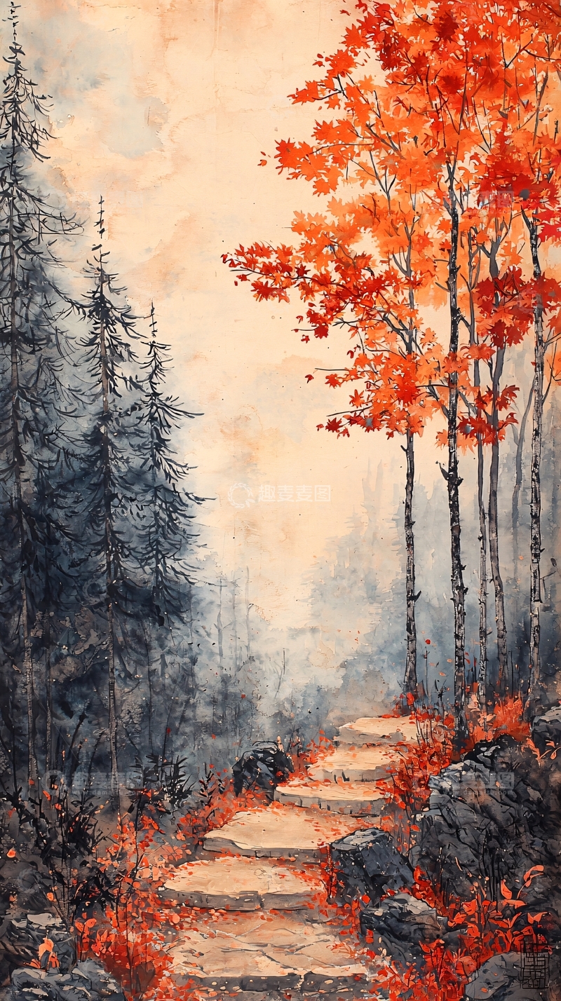 高清大图下载【趣麦麦图】秋日山路水彩画