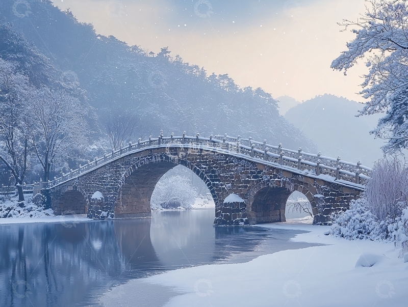 高清大图下载【趣麦麦图】雪景古桥