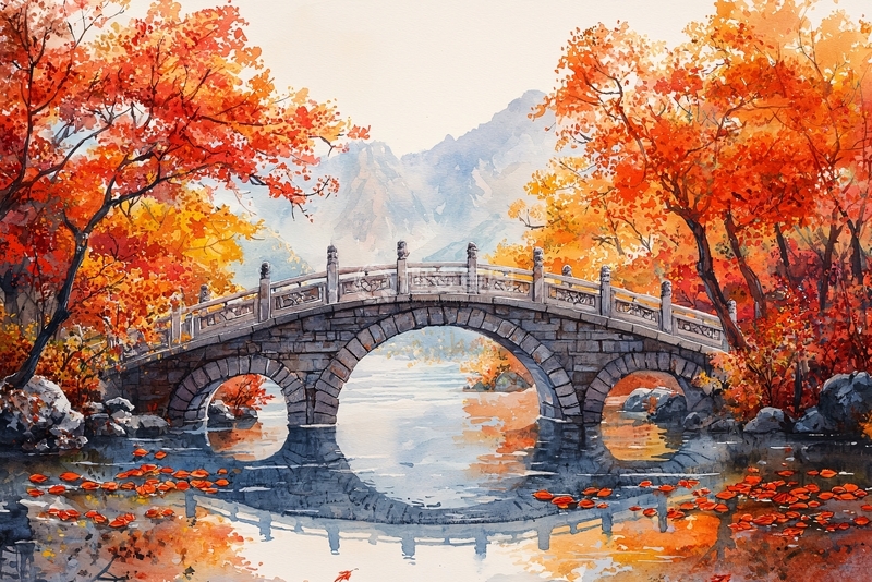 高清大图下载【趣麦麦图】秋日红叶下的石拱桥