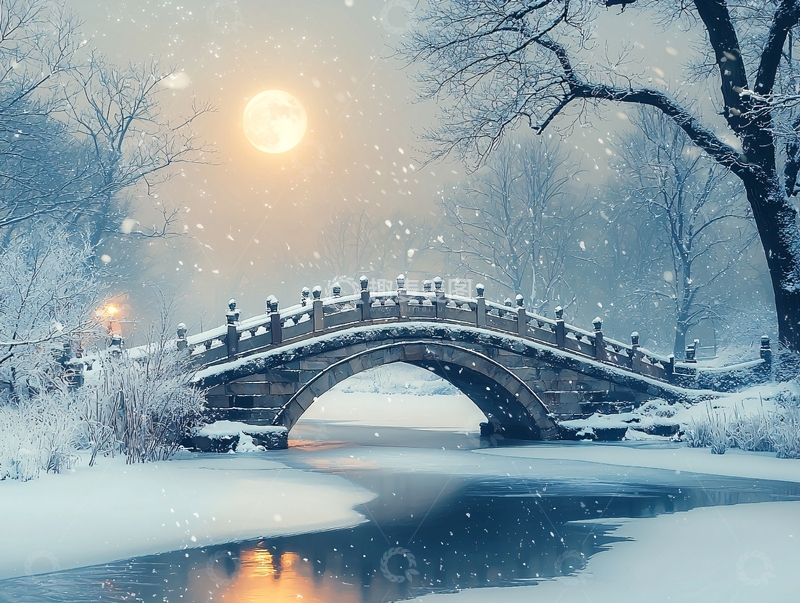 高清大图下载【趣麦麦图】雪夜桥梁月色朦胧
