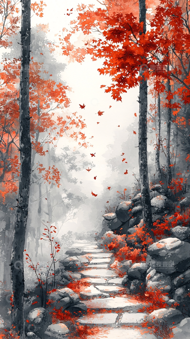 高清大图下载【趣麦麦图】秋日森林小路红叶飘落