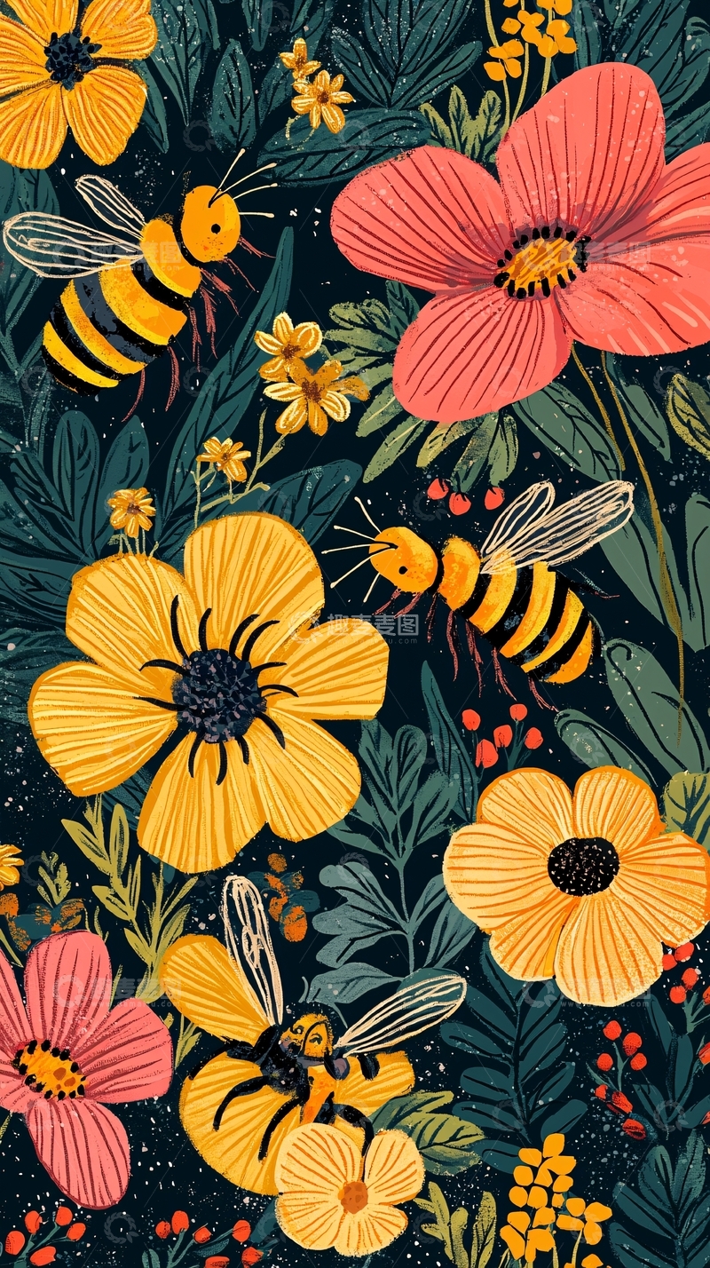 高清大图下载【趣麦麦图】蜜蜂与花朵的精美插画