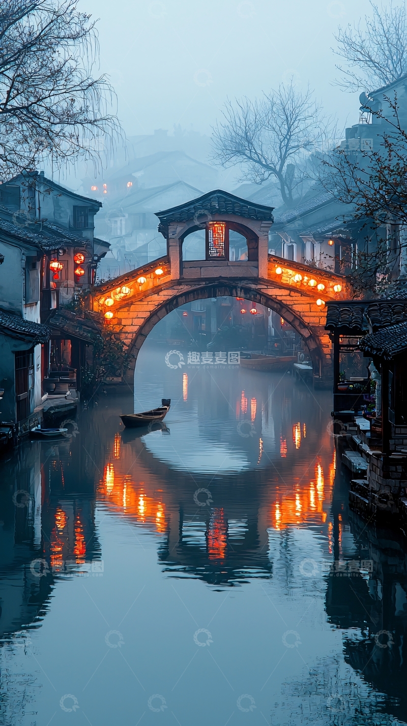 高清大图下载【趣麦麦图】雾气朦胧古桥夜景