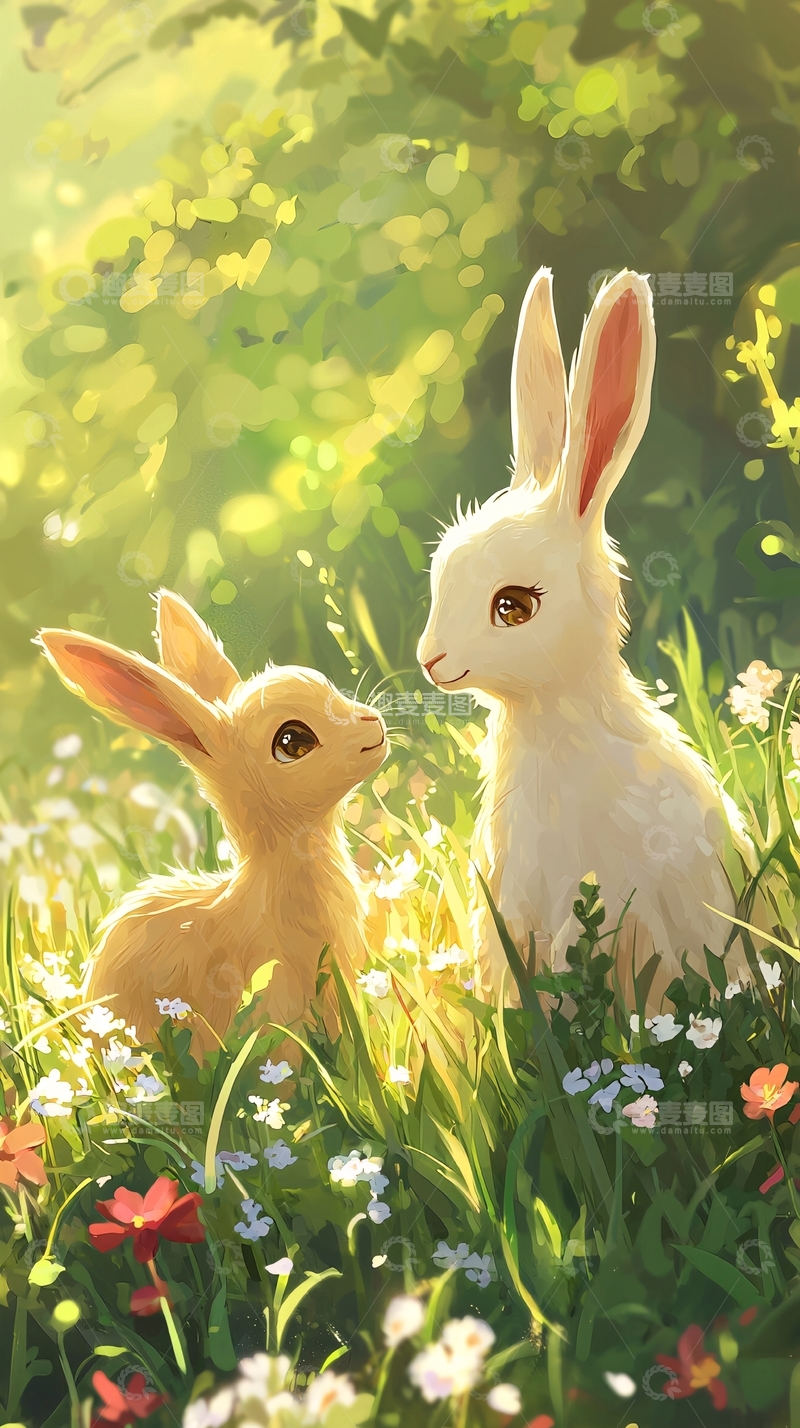 高清大图下载【趣麦麦图】阳光下草地上的两只兔子