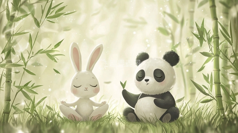 高清大图下载【趣麦麦图】卡通兔子熊猫竹林