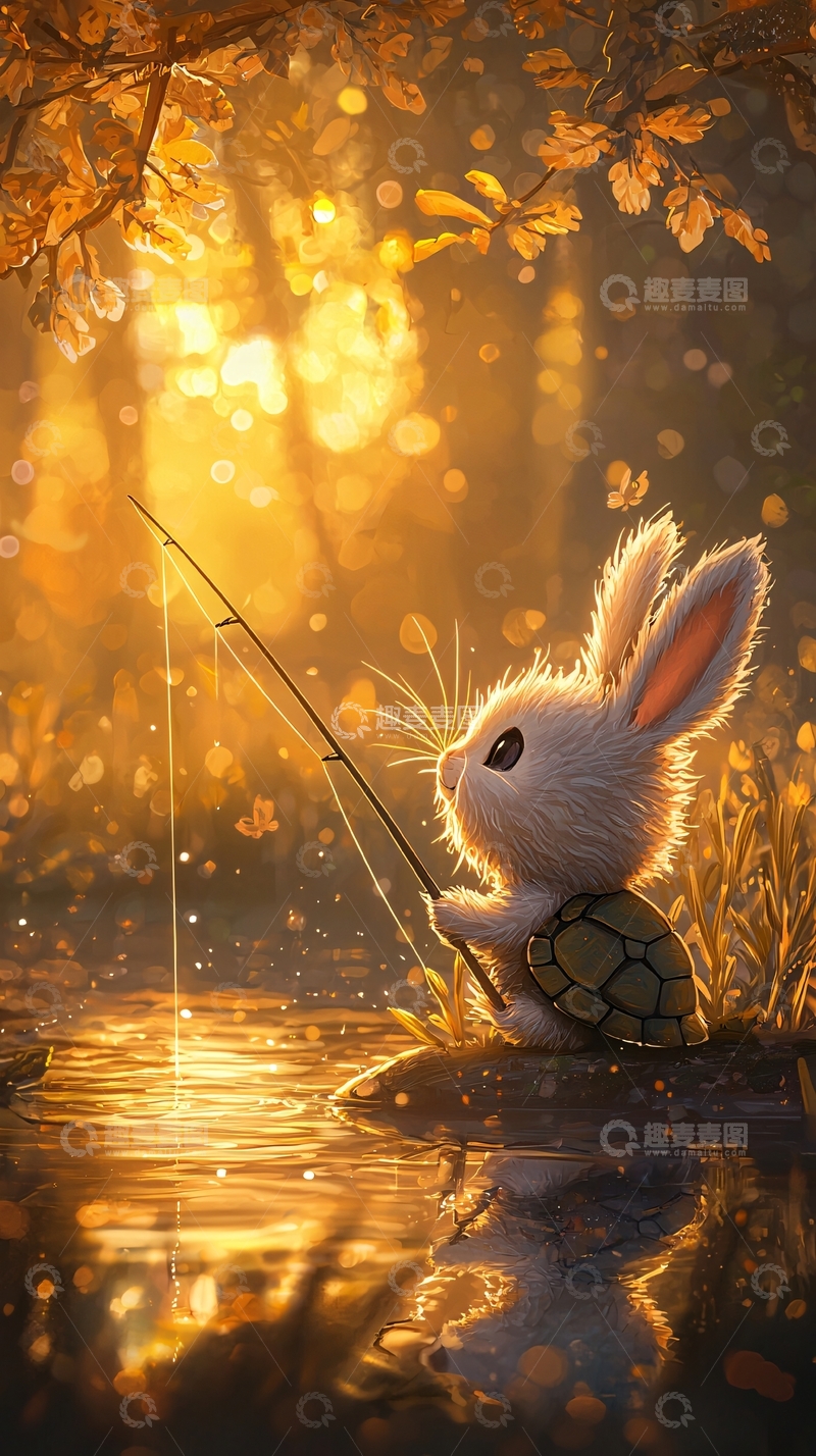 高清大图下载【趣麦麦图】夕阳下小兔钓鱼图