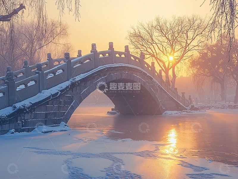 高清大图下载【趣麦麦图】冬日桥梁日出美景
