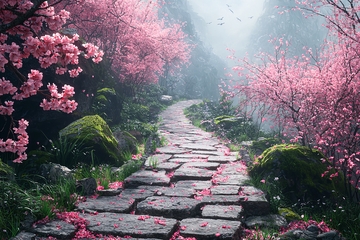 雾气朦胧的樱花小路