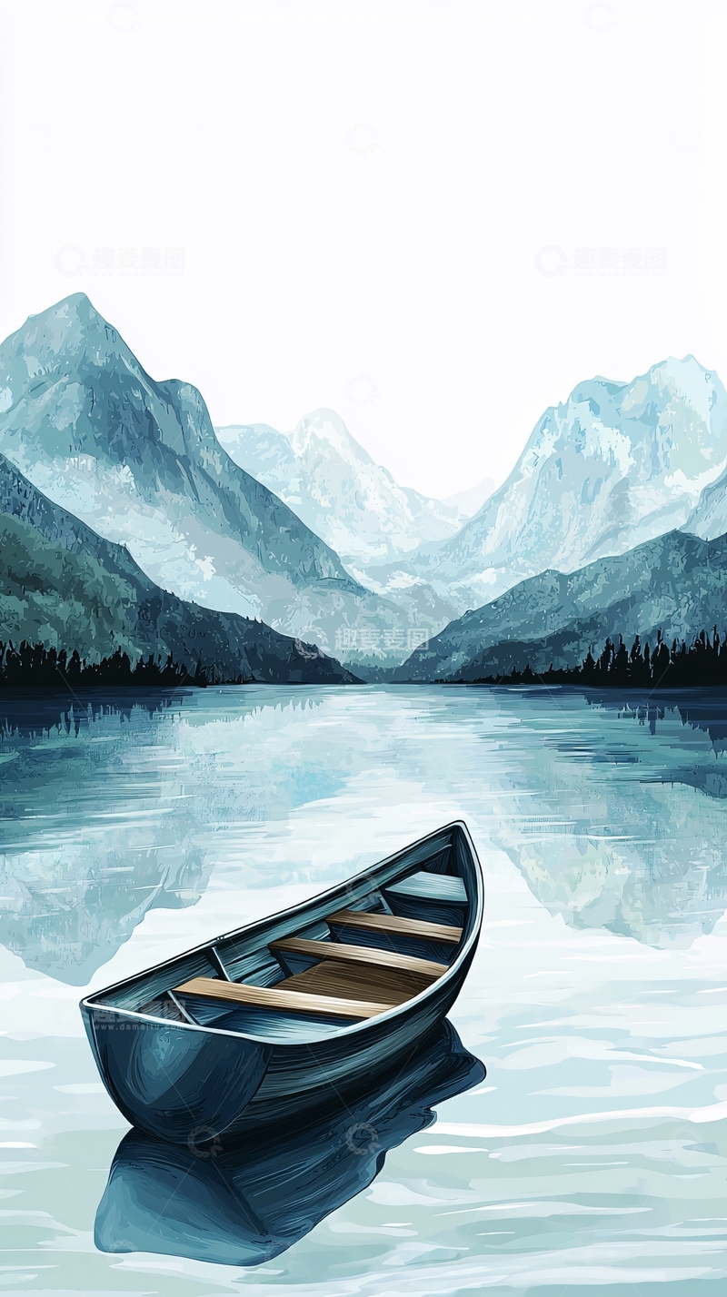 高清大图下载【趣麦麦图】宁静山湖独木舟