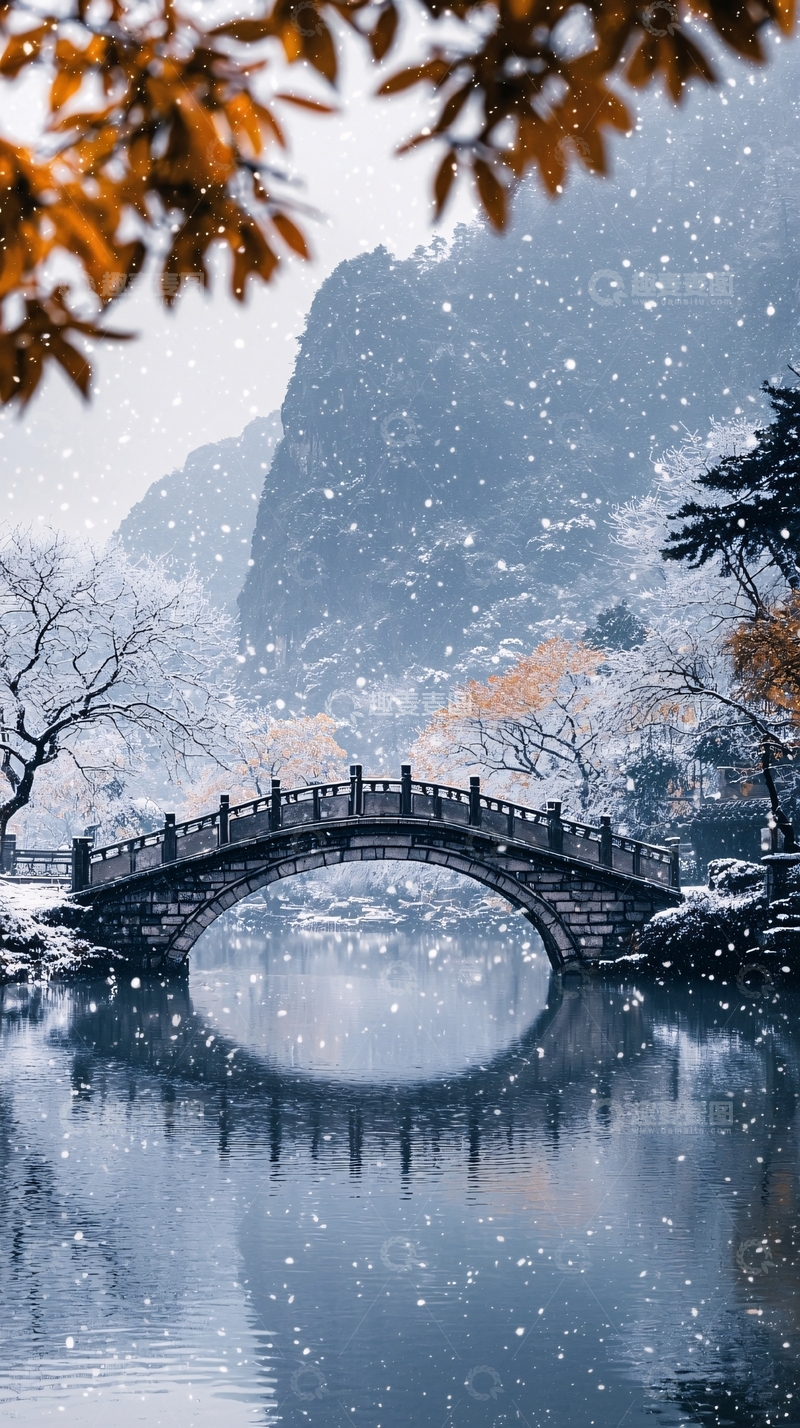 高清大图下载【趣麦麦图】雪中园林古桥意境唯美