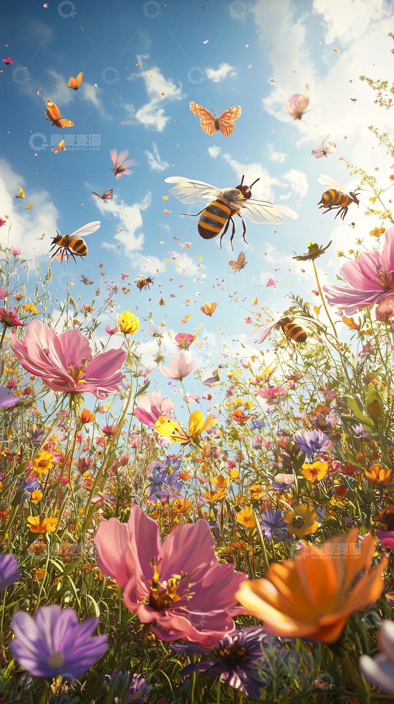 高清大图下载【趣麦麦图】彩色花田蜜蜂蝴蝶