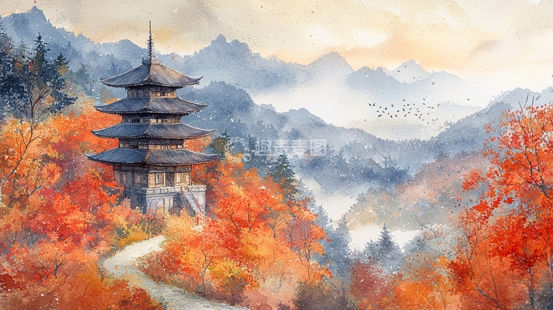 高清大图下载【趣麦麦图】秋日山林古塔景色