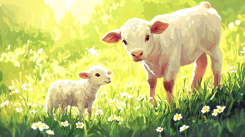高清大图下载【趣麦麦图】阳光下母牛和小牛