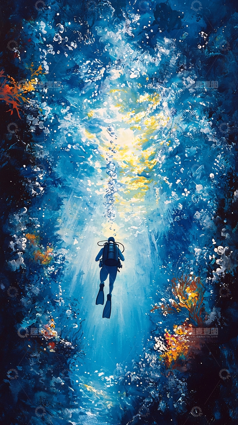 高清大图下载【趣麦麦图】深海潜水员的孤独身影