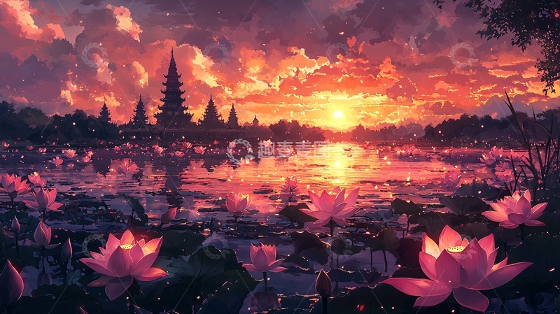 高清大图下载【趣麦麦图】日落余晖下的莲花古寺