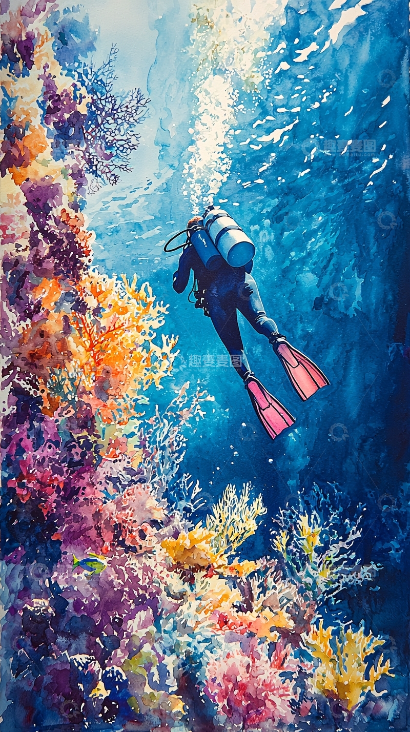 高清大图下载【趣麦麦图】水下潜水员与珊瑚礁