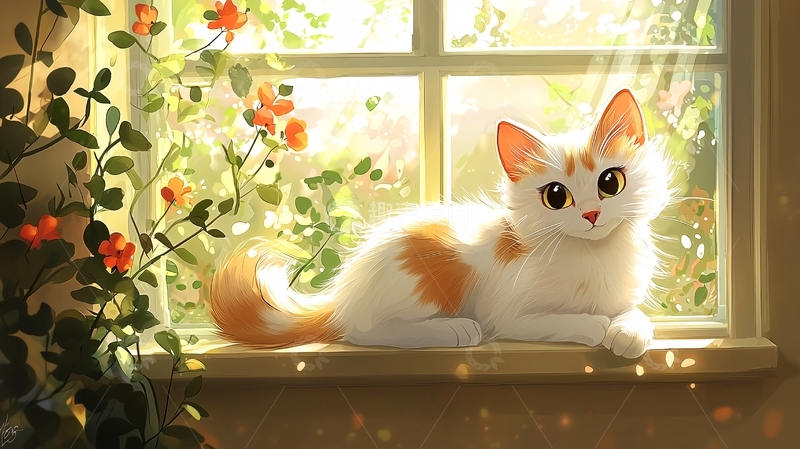 高清大图下载【趣麦麦图】阳光洒在窗台上的猫咪